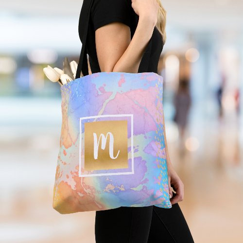 Monogram gold turquoise orange purple abstract art tote bag