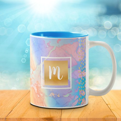 Monogram gold turquoise orange purple watercolor Two_Tone coffee mug