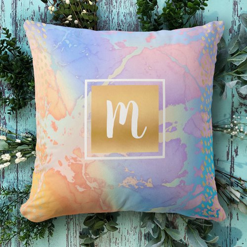 Monogram gold turquoise pink marble watercolor throw pillow