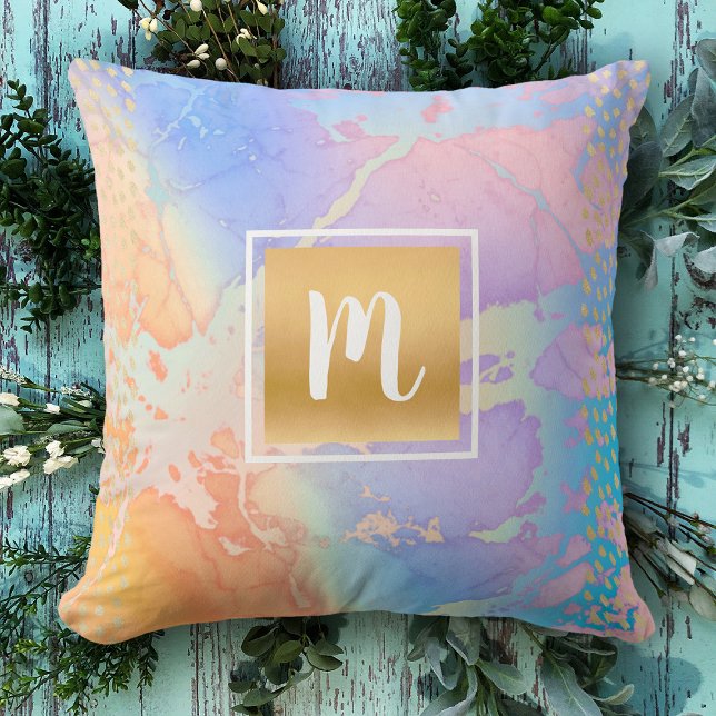 Monogram gold turquoise pink marble watercolor throw pillow (Creator Uploaded)
