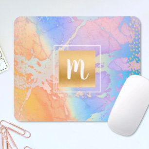 Monogram gold turquoise purple abstract watercolor mouse pad