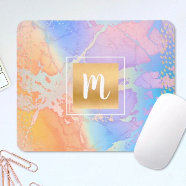 Monogram gold turquoise purple abstract watercolor mouse pad (Creator Uploaded)
