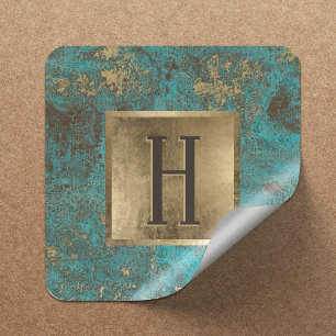 Monogram Gold Turquoise & Teal Vintage Copper Square Sticker