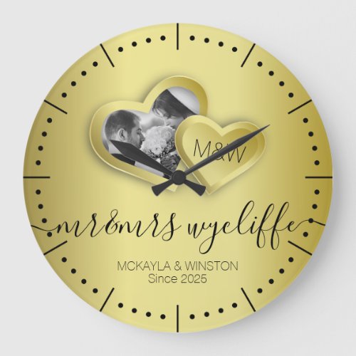 Monogram Gold Valentine Paper Cutout Hearts Photo Large Clock