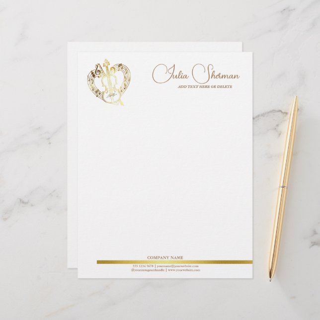 Monogram Gold Violin Modern Script Minimalist Letterhead (Front/Back In Situ)