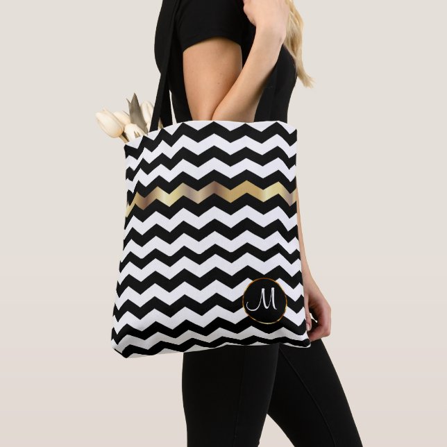 Monogram Gold, White & Black Chevron Design Tote Bag (Close Up)