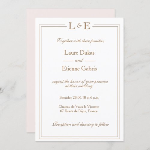 Monogram gold white blush pink rose modern wedding invitation