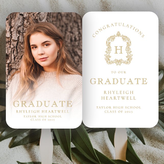 Monogram Gold White Photo Graduation Hand Fan (Creator Uploaded)