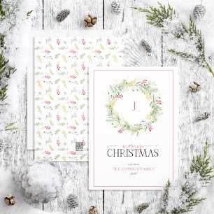 Monogram Gold Winter Wreath Merry Christmas Holida Holiday Card