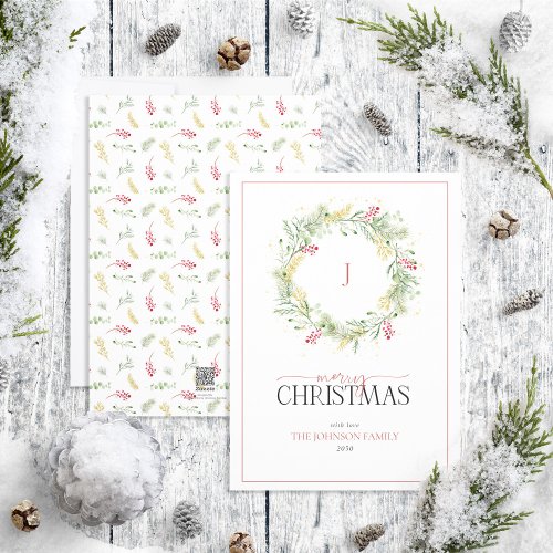 Monogram Gold Winter Wreath Merry Christmas Holida Holiday Card