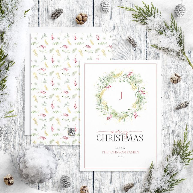 Monogram Gold Winter Wreath Merry Christmas Holida Holiday Card (Creator Uploaded)