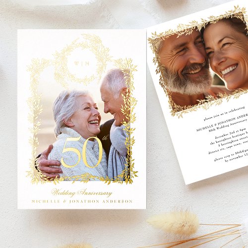 Monogram Gold Wreath 50th Wedding Anniversary Foil Invitation
