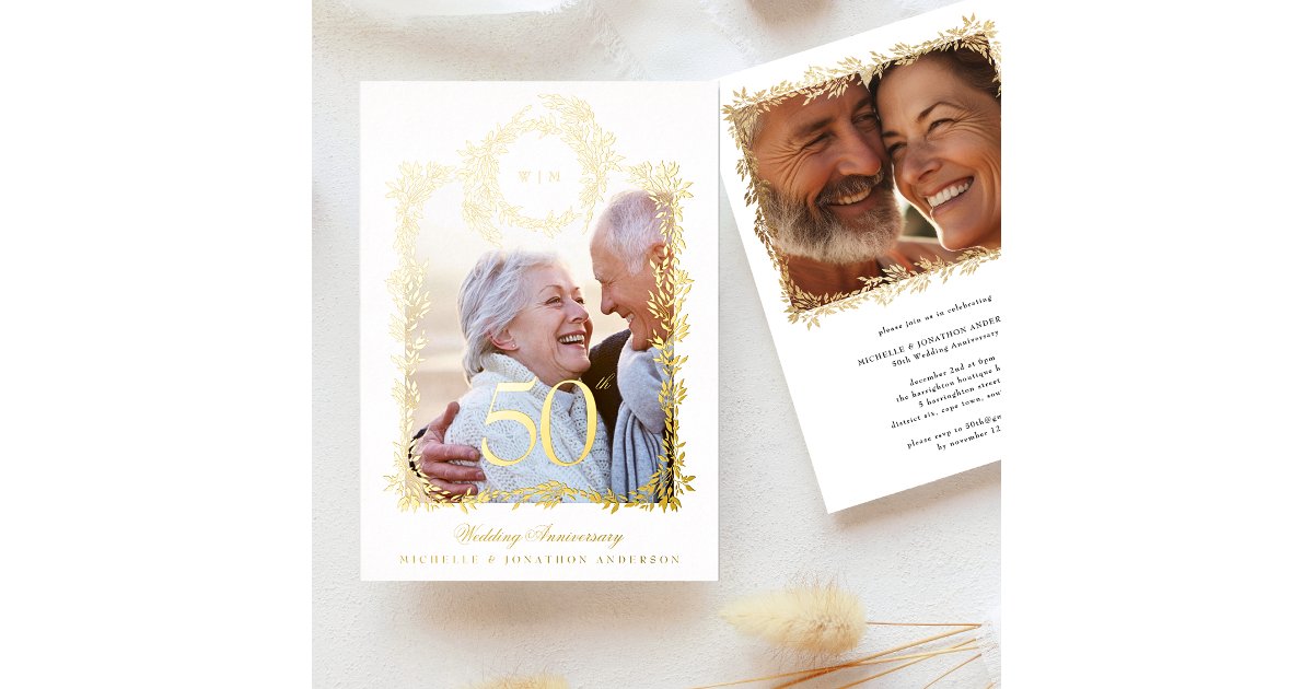 Monogram Gold Wreath 50th Wedding Anniversary Foil Invitation | Zazzle