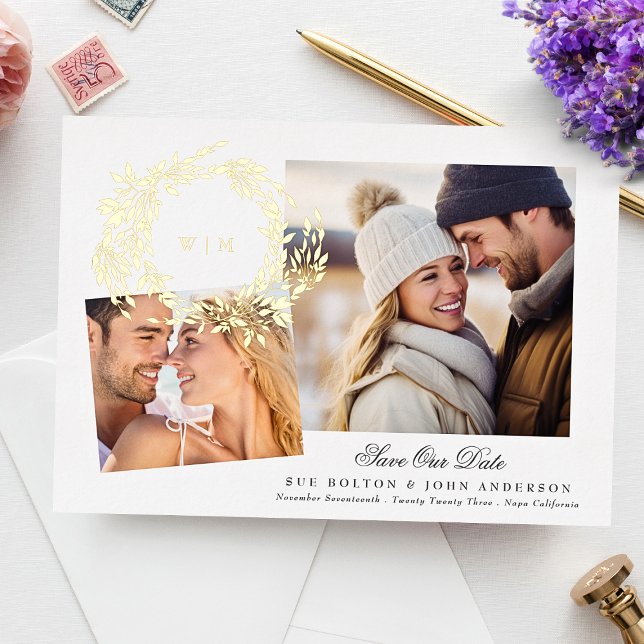 Monogram Gold Wreath Collage Photo Save The Date Foil Invitation (Creator Uploaded)