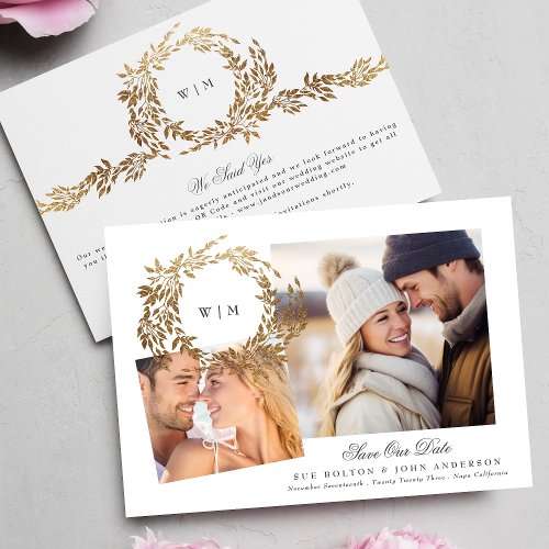 Monogram Gold Wreath Collage Photo Wedding Save The Date