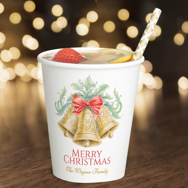 Monogram golden bells red bow Christmas party Paper Cups (Creator Uploaded)