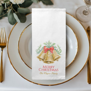 Monogram golden bells red bow family Christmas Cloth Napkin