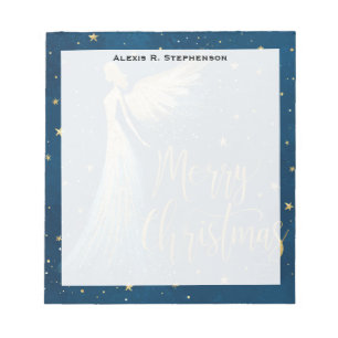 Monogram Golden Christmas Angel on Starry Navy Notepad