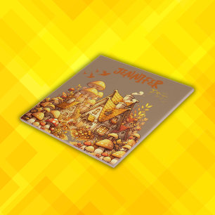 Monogram Golden Cottage Core on Brown Ceramic Tile