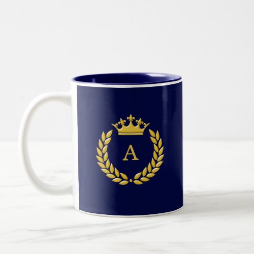 Monogram  Golden Crown  Laurel on Navy Blue Two_Tone Coffee Mug