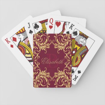 Monogram Golden Damask On Dark Red Playing Cards by 85leobar85 at Zazzle