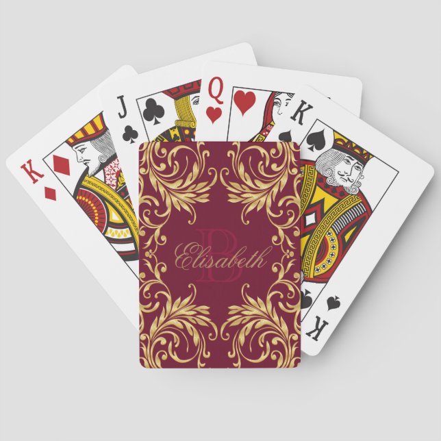 Monogram Golden Damask on Dark Red Poker Cards (Back)