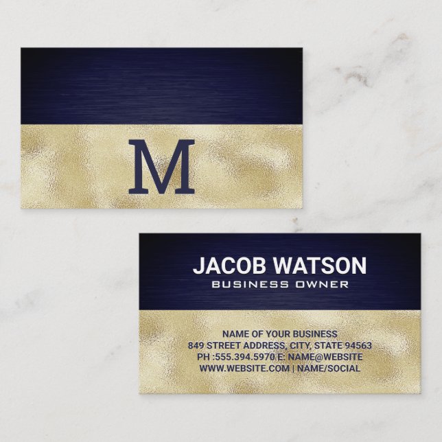 Monogram | Golden Foil | Blue Metallic Texture  Business Card (Front/Back)