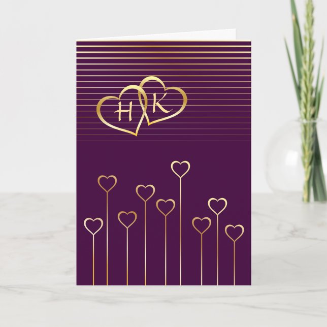 Monogram Golden Heart Valentine Card (Front)