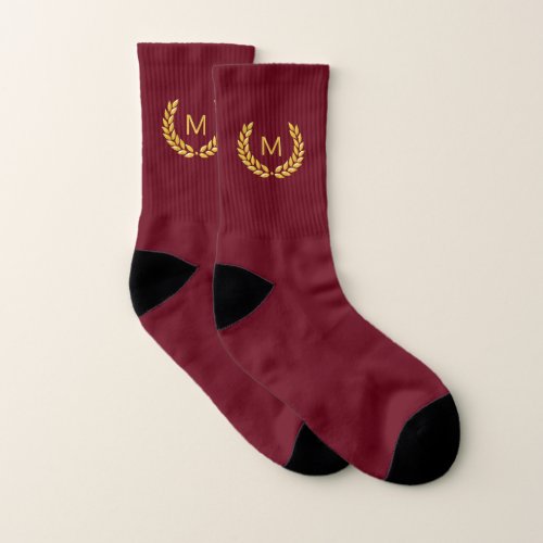 Monogram  Golden Laurel Wreath on Burgundy Socks