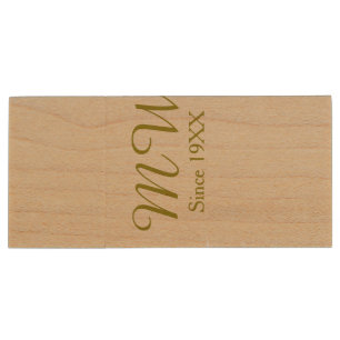 Monogram golden since 19XX year oatmeal wedding na Wood Flash Drive