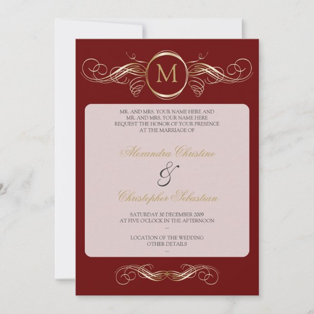 Monogram Golden Swirls Elegant Red Wedding Invitation (Front)