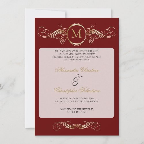 Monogram Golden Swirls Elegant Red Wedding Personalized Invitation