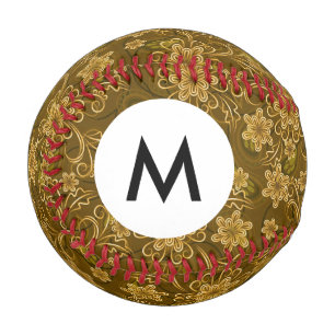 Monogram Golden vintage floral pattern Baseball