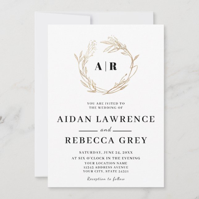 Monogram golden wreath Wedding Invitation (Front)