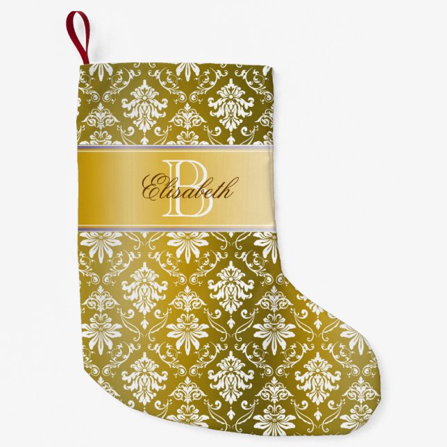 Monogram Golden/Yellow Damask Small Christmas Stocking (Front)