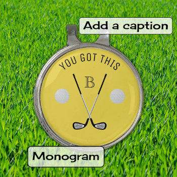 Monogram Golf Clubs And Balls Custom Text Yellow Golf Hat Clip by Jules_Designs at Zazzle