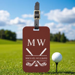 Monogram Golf Clubs Burgundy Personalized  Luggage Tag<br><div class="desc">Stand out in style with this burgundy monogram golf clubs personalized luggage tag. Featuring crossed golf clubs, a golf ball detail, and your initials, this tag blends sophistication with functionality. The rich burgundy background creates a refined look while ensuring your bag is easy to identify during travel. A perfect accessory...</div>