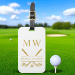 Monogram Golf Clubs White Gold Personalized Luggage Tag<br><div class="desc">Upgrade your travel style with this white and gold monogram golf clubs personalized luggage tag. Featuring crossed golf clubs, a golf ball motif, and custom initials, this tag combines luxury and practicality. The crisp white background paired with rich gold lettering creates a sophisticated look while keeping your bag easy to...</div>