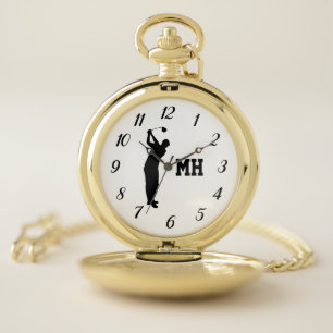 Monogram Golfer Black Gold Elegant Modern Pocket Watch