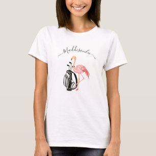 Monogram Golfer Peach Name Pink Flamingos T-Shirt