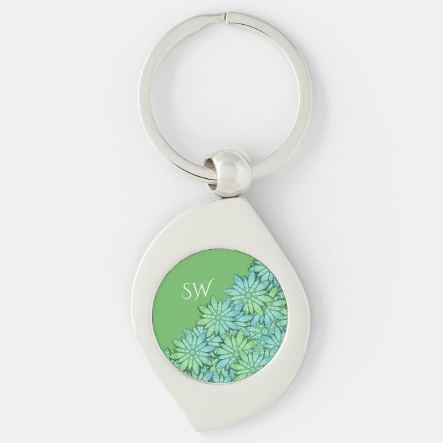 Monogram Gorgeous Modern Floral Green Keychain (Front)