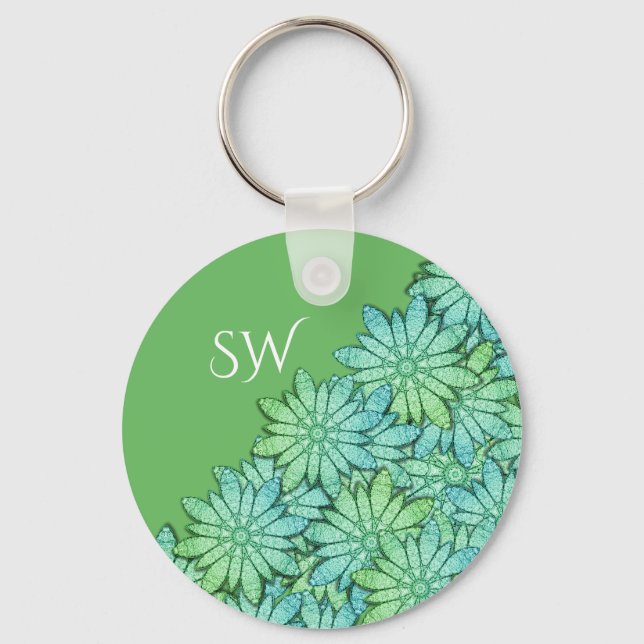 Monogram Gorgeous Modern Floral Green Keychain (Front)