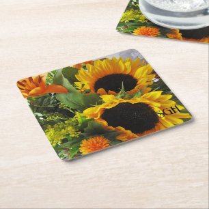 Monogram Gorgeous Sunflowers Print Square Paper Coaster