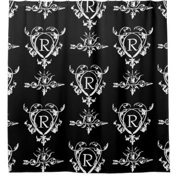 Monogram Gothic Heart And Arrow Pattern Shower Curtain by opheliasart at Zazzle