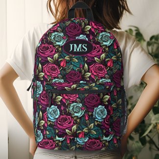 Monogram Gothic Rose Pink Purple and Blue Floral
