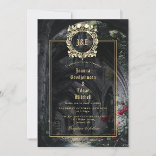 Monogram Gothic Ruins Roses Floral Wedding Invitation