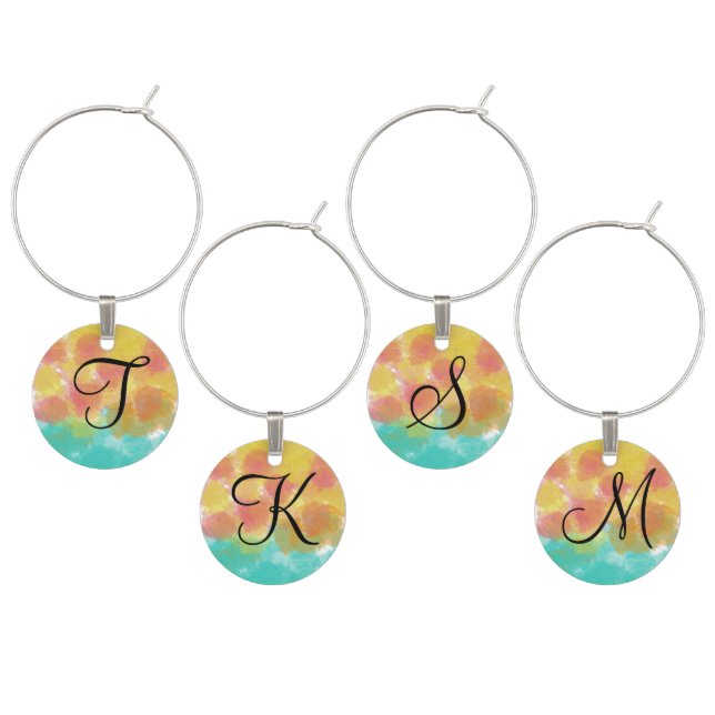 Monogram Gouache Pink Blue Orange Watercolors Wine Charm (Staggered)