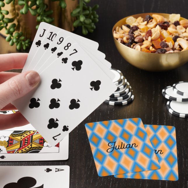 Monogram gradient orange blue diamond shapes poker cards (In Situ)