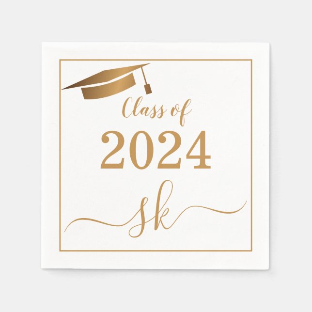 Monogram Graduation Cap Gold Script Class of 2024 Napkins (Front)