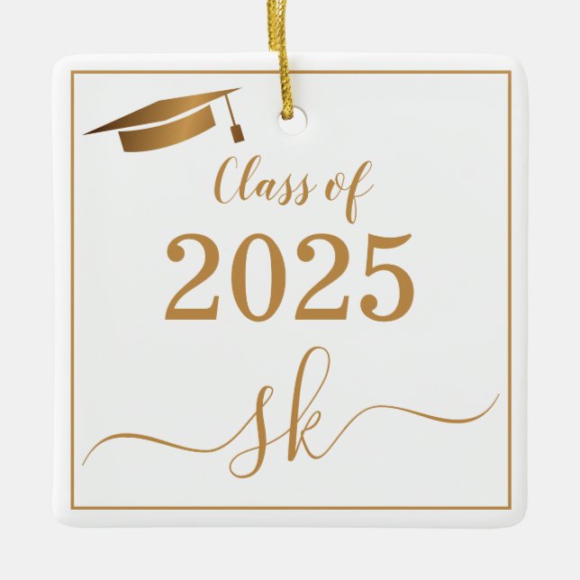 Monogram Graduation Cap Gold Script Class of 2025 Ceramic Ornament (Front)